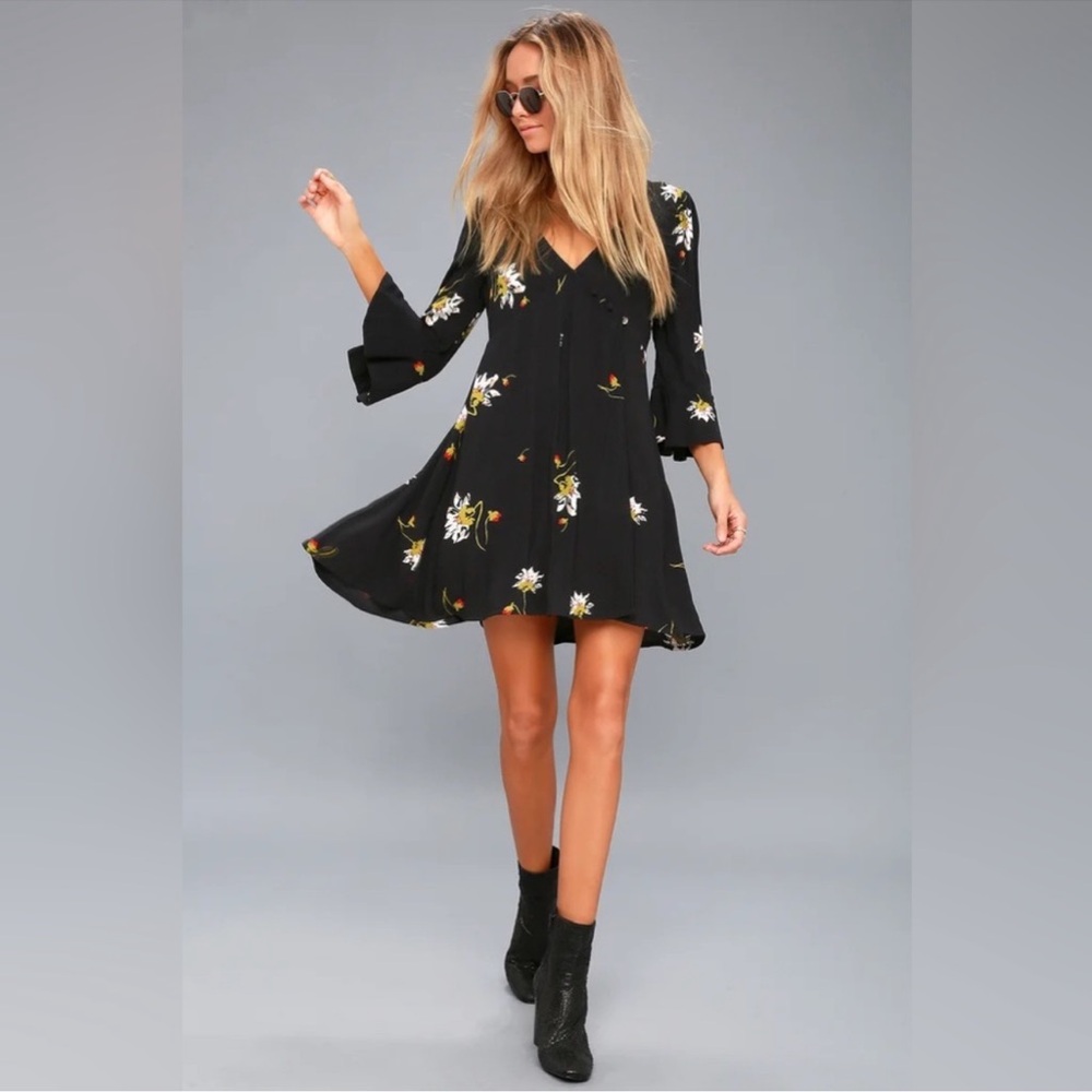 Free People Time On My Side Floral Black V Neck Faux Wrap Mini Dress
